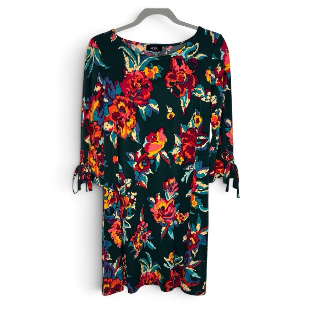 MSK Womens Floral Shift Dress Estimated S Green Jersey Grommet Tie 3/4 Sleeve